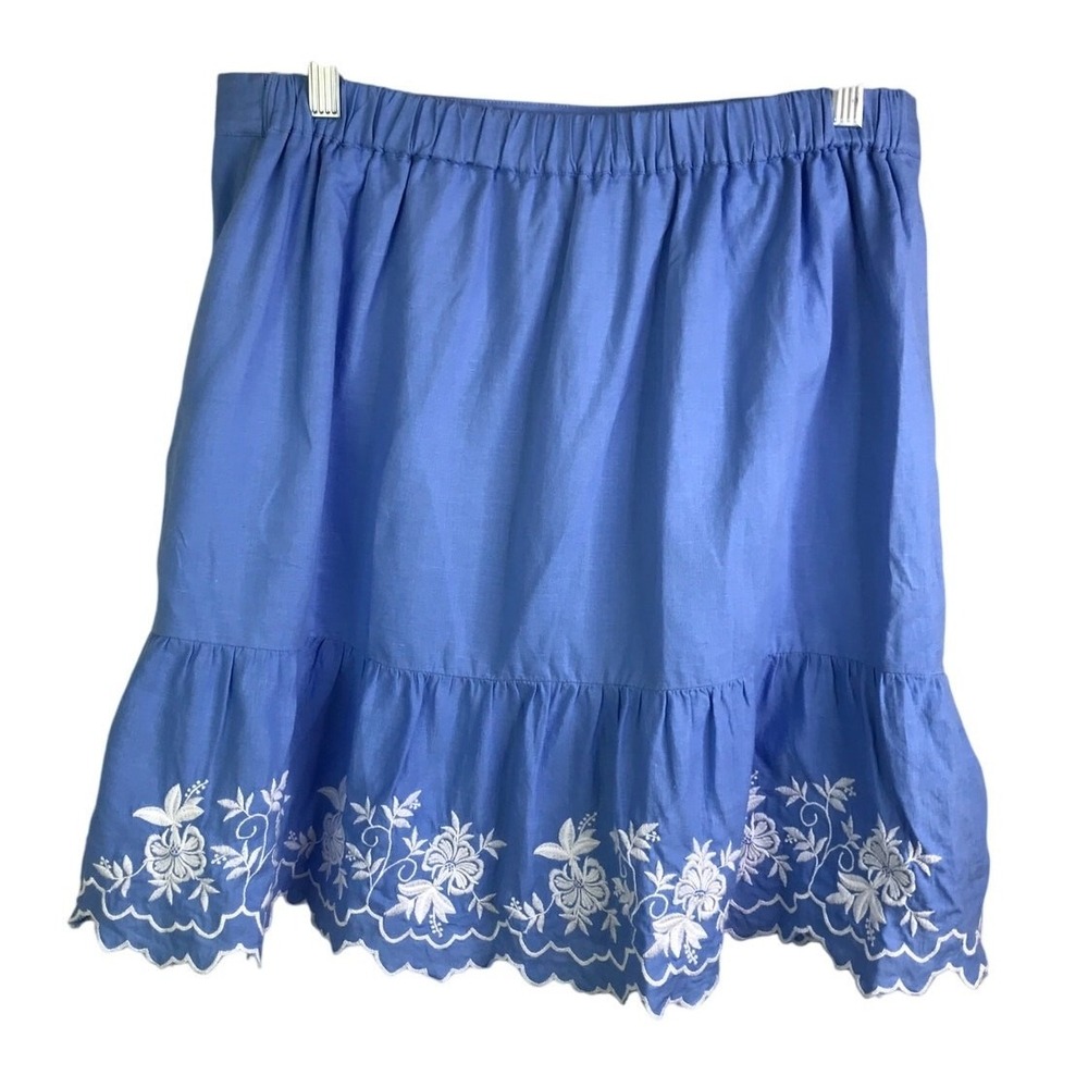 J.Crew Skirt Womens M Blue White Floral Embroidered Elastic Waist Cotton Midi‎ - Picture 4 of 7